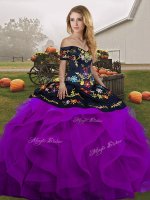 Amazing Off The Shoulder Sleeveless Quinceanera Dresses Floor Length Embroidery and Ruffles Black And Purple Tulle