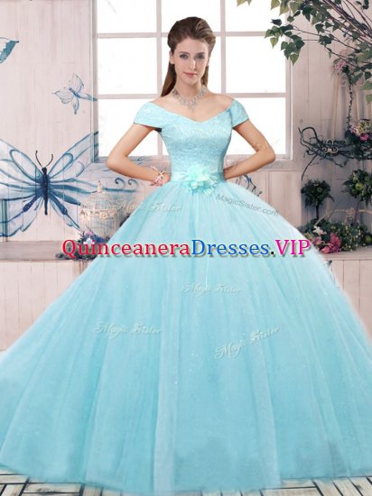 Aqua Blue Short Sleeves Floor Length Lace and Hand Made Flower Lace Up Quinceanera Dresses - Click Image to Close