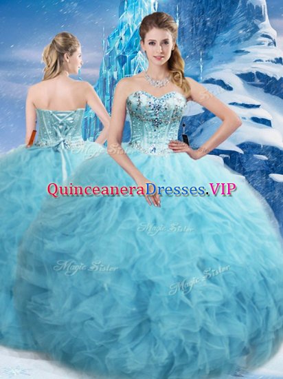 Tulle Sweetheart Sleeveless Lace Up Beading and Pick Ups Quinceanera Gown in Aqua Blue - Click Image to Close
