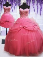 Three Piece Rose Pink Ball Gowns Sweetheart Sleeveless Tulle Floor Length Lace Up Beading and Bowknot Quinceanera Dress
