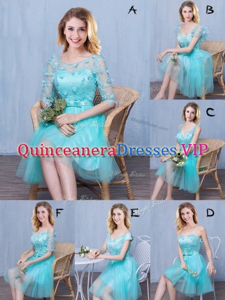 Aqua Blue Tulle Lace Up Scoop Sleeveless Knee Length Quinceanera Court of Honor Dress Lace and Appliques and Bowknot