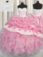 Pick Ups Floor Length Rose Pink Quinceanera Gown Sweetheart Sleeveless Lace Up