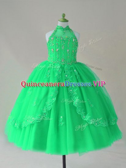 Cute Turquoise Ball Gowns Tulle High-neck Sleeveless Beading and Appliques Floor Length Lace Up Kids Pageant Dress - Click Image to Close