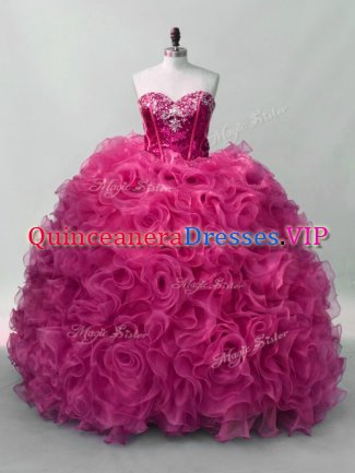 Designer Hot Pink Sleeveless Floor Length Ruffles and Sequins Lace Up Quinceanera Gowns
