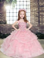 On Sale Sleeveless Floor Length Beading and Ruffles Lace Up Girls Pageant Dresses with Pink(SKU PAG1262-15BIZ)