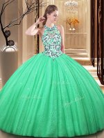 Floor Length Green Quinceanera Dresses Tulle Sleeveless Lace and Appliques