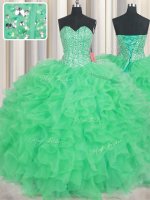 Vintage Visible Boning Green Organza Lace Up Ball Gown Prom Dress Sleeveless Floor Length Beading and Ruffles