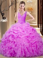 Sleeveless Organza Floor Length Backless 15th Birthday Dress in Lilac with Lace and Ruffles and Pick Ups