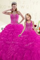 Fuchsia 15th Birthday Dress Military Ball and Sweet 16 and Quinceanera with Beading and Ruffles Sweetheart Sleeveless Lace Up