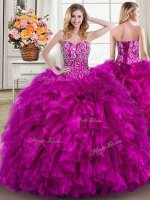 Fabulous Brush Train Ball Gowns Womens Party Dresses Fuchsia Sweetheart Organza Sleeveless Lace Up