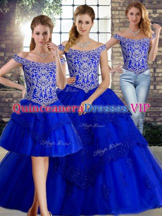 Customized Lace Up Quinceanera Dress Royal Blue for Military Ball and Sweet 16 and Quinceanera with Beading and Lace Brush Train