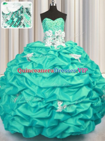 Edgy Sleeveless With Train Appliques and Sequins and Pick Ups Lace Up Sweet 16 Dresses with Turquoise Brush Train - Click Image to Close