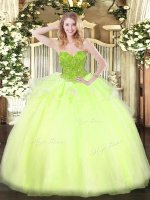 Sweet Sleeveless Floor Length Beading Lace Up Sweet 16 Quinceanera Dress with Yellow Green