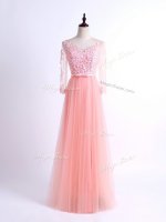 Pink Empire Tulle V-neck Half Sleeves Lace Floor Length Lace Up Quinceanera Dama Dress(SKU SWBD006BIZ)