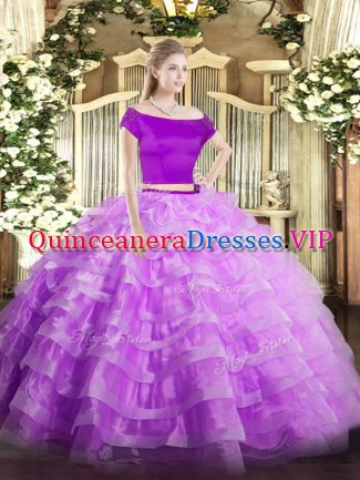 Suitable Lilac Short Sleeves Floor Length Appliques and Ruffled Layers Zipper Sweet 16 Quinceanera Dress
