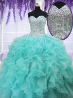 Aqua Blue Organza Lace Up Sweetheart Sleeveless Floor Length Casual Dresses Ruffles and Sequins