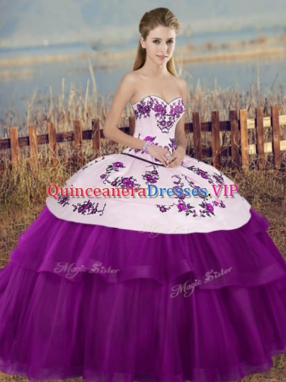 White And Purple Sweet 16 Dress Military Ball and Sweet 16 and Quinceanera with Embroidery and Bowknot Sweetheart Sleeveless Lace Up - Click Image to Close