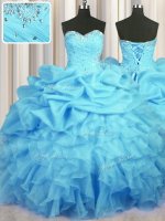 Hot Selling Baby Blue Sweetheart Neckline Beading and Ruffles and Ruching and Pick Ups Sweet 16 Quinceanera Dress Sleeveless Lace Up