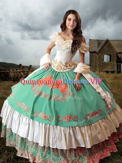 Great Off The Shoulder Sleeveless Quince Ball Gowns Brush Train Embroidery and Ruffled Layers Multi-color Taffeta - Click Image to Close