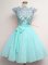 Customized Aqua Blue Lace Up Court Dresses for Sweet 16 Lace and Belt Cap Sleeves Knee Length