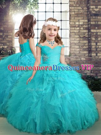 Aqua Blue Ball Gowns Beading and Ruffles Custom Made Pageant Dress Lace Up Tulle Sleeveless Floor Length