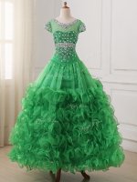 Elegant Beading and Ruffles Child Pageant Dress Green Lace Up Cap Sleeves Floor Length