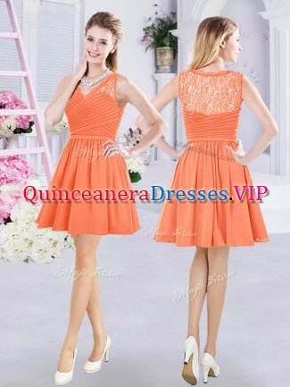 Trendy Orange A-line V-neck Sleeveless Chiffon Mini Length Side Zipper Lace and Ruching Dama Dress for Quinceanera