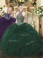 Dramatic Dark Green Sleeveless Floor Length Beading and Ruffles Lace Up Quinceanera Dress