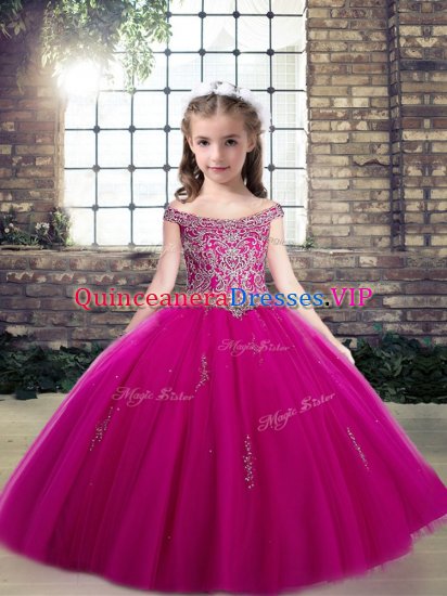 Superior Ball Gowns Kids Pageant Dress Fuchsia Off The Shoulder Tulle Sleeveless Floor Length Lace Up - Click Image to Close