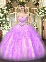 Flirting Tulle Sweetheart Sleeveless Lace Up Beading and Ruffles Quinceanera Dress in Lilac