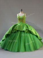 Green Sleeveless Satin and Tulle Court Train Lace Up 15th Birthday Dress for Sweet 16 and Quinceanera(SKU PSSW0892BIZ)