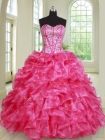 Hot Pink Ball Gowns Sweetheart Sleeveless Organza Floor Length Lace Up Beading and Ruffles Quince Ball Gowns