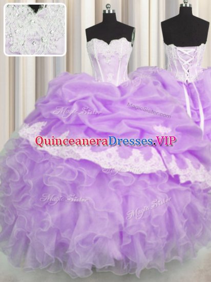 Fantastic Sweetheart Sleeveless Quinceanera Dress Floor Length Beading and Appliques and Ruffles and Pick Ups Lilac Organza - Click Image to Close