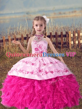 Stylish Sleeveless Lace Up Floor Length Beading and Embroidery and Ruffles Pageant Gowns For Girls