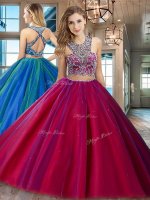 Fuchsia Two Pieces Tulle Scoop Sleeveless Beading Floor Length Criss Cross Sweet 16 Dress(SKU SXQD049BIZ)