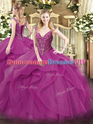 Lilac Tulle Lace Up Sweet 16 Dresses Sleeveless Floor Length Beading and Ruffles
