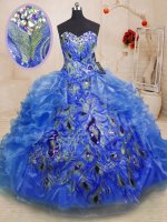 Floor Length Zipper Quinceanera Gown Blue for Military Ball and Sweet 16 and Quinceanera with Beading and Appliques and Ruffles