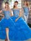 Blue Tulle Lace Up Off The Shoulder Sleeveless Quince Ball Gowns Brush Train Beading and Pick Ups