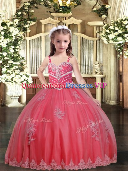 Watermelon Red Ball Gowns Tulle Straps Sleeveless Beading and Appliques Floor Length Lace Up Little Girl Pageant Dress - Click Image to Close