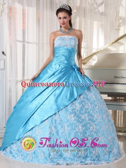 Sweet Strapless Aqua Blue Lace and Hand flower Decorate Quinceanera Dress For Meissen Germany Taffeta Ball Gown - Click Image to Close