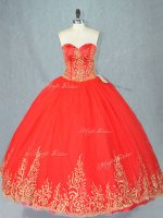 Floor Length Lace Up Quinceanera Dresses Red for Sweet 16 and Quinceanera with Beading