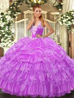 Traditional Lilac Sleeveless Floor Length Beading and Ruffled Layers and Pick Ups Lace Up Sweet 16 Dresses