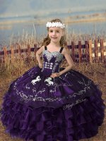 Purple Organza Lace Up Straps Sleeveless Floor Length Pageant Dresses Embroidery and Ruffled Layers