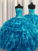 Teal Sleeveless Beading and Ruffles Floor Length Quinceanera Gown