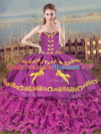 Elegant Sleeveless Embroidery and Ruffles Lace Up 15th Birthday Dress with Purple Brush Train