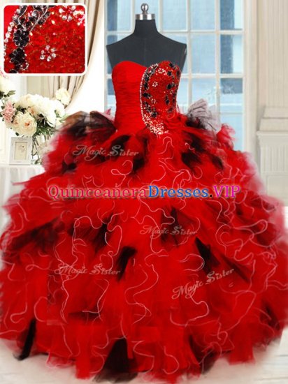 Cheap Black and Red Ball Gowns Beading and Ruffles and Sequins Sweet 16 Dress Lace Up Tulle Sleeveless Floor Length - Click Image to Close