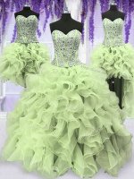 Modest Four Piece Yellow Green Ball Gowns Sweetheart Sleeveless Organza Floor Length Lace Up Ruffles and Sequins Sweet 16 Quinceanera Dress