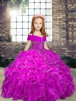 Straps Sleeveless Kids Formal Wear Floor Length Beading and Ruffles Fuchsia Organza