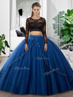 Blue Backless Military Ball Dresses Lace and Ruching Long Sleeves Floor Length
