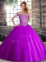 Purple Sleeveless Tulle Brush Train Lace Up 15th Birthday Dress for Military Ball and Sweet 16 and Quinceanera